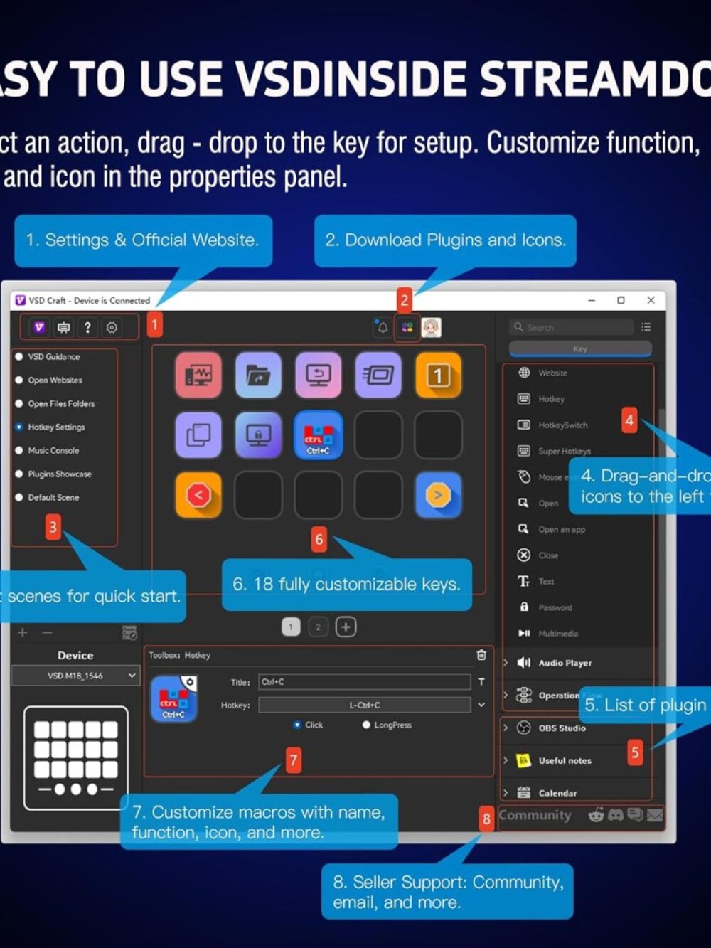 Macro Keypad, Stream Controller Deck Gaming Streaming Shortcut Keyboard, 18 Prog - Picture 8 of 9